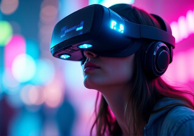 A person wearing a futuristic VR headset, immersed in a digital world.