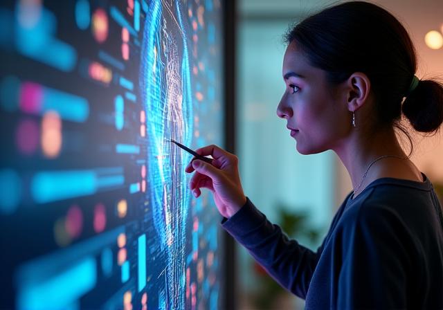 An artist collaborating with an AI-powered digital canvas.