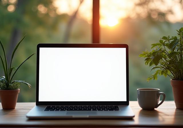 A laptop on a table with a scenic, non-traditional work background.